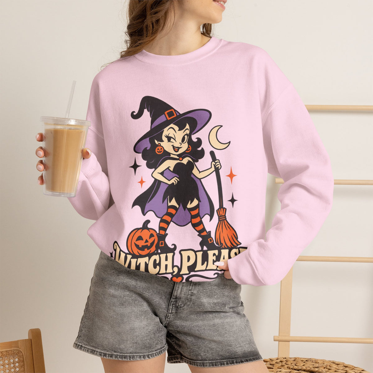 Witch, Please Cute Retro Witch Halloween Crewneck Sweatshirt