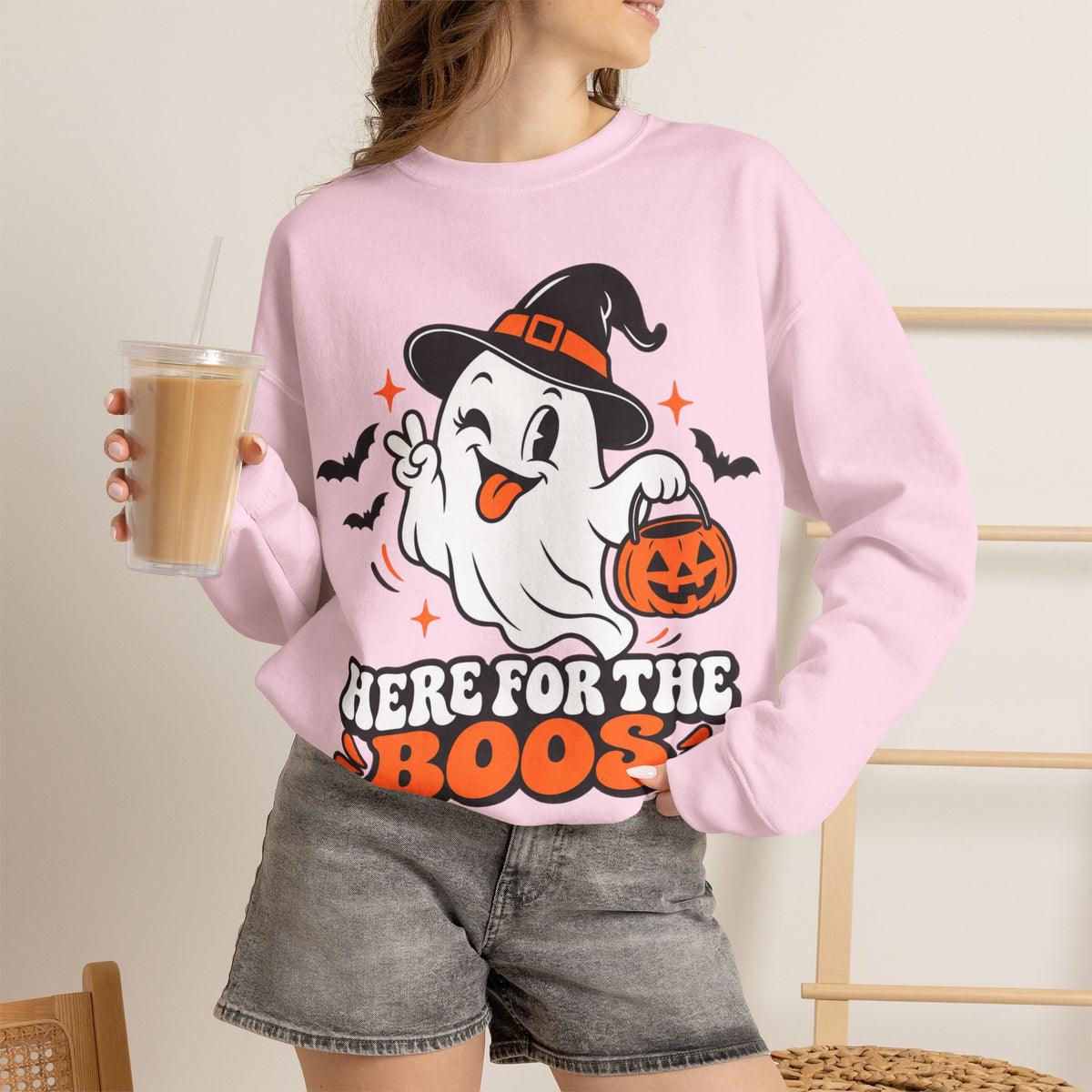 "Here For The Boos" Cute Ghost Halloween Crewneck Sweatshirt
