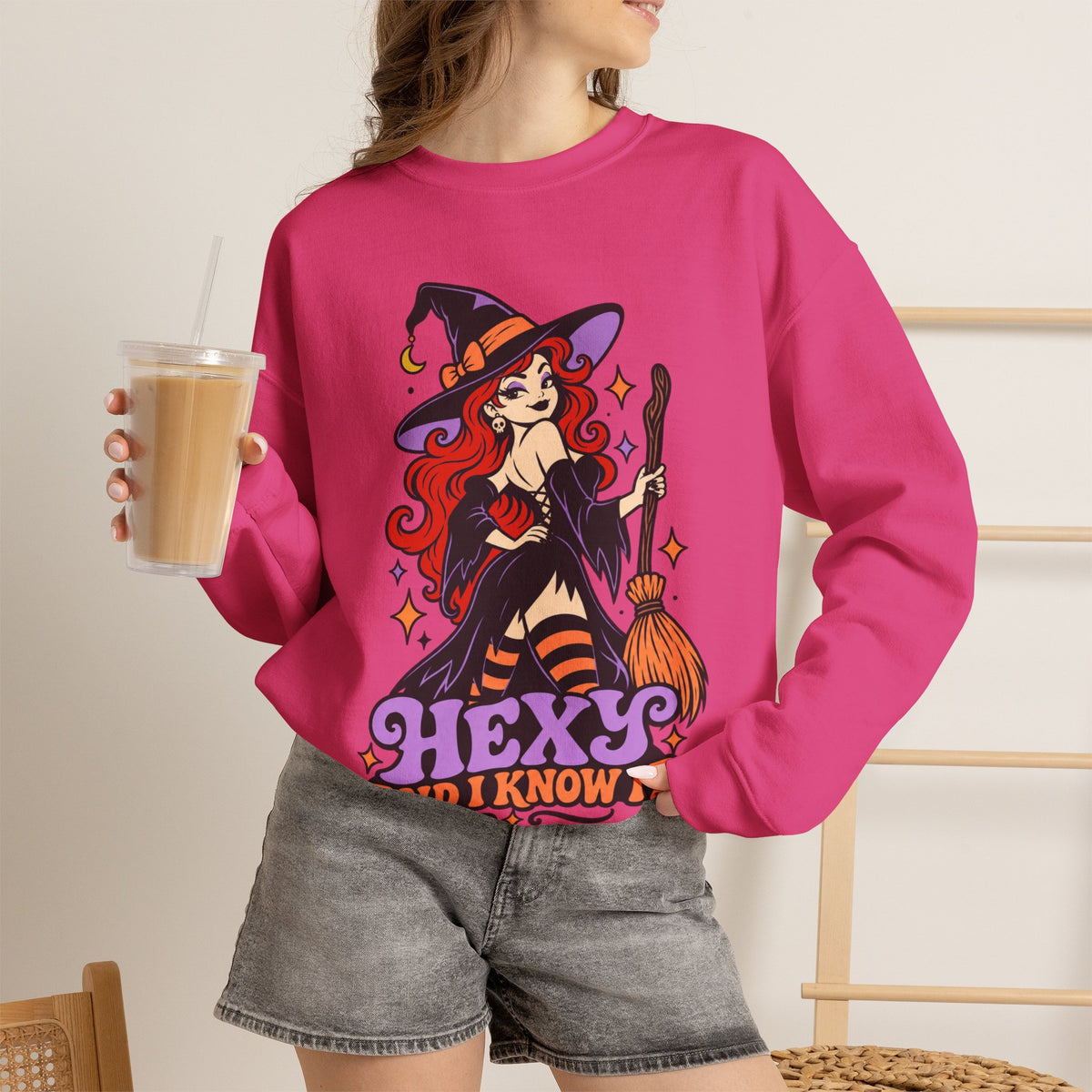 "Hexy and I Know It" Retro Pinup Witch Halloween Crewneck Sweatshirt
