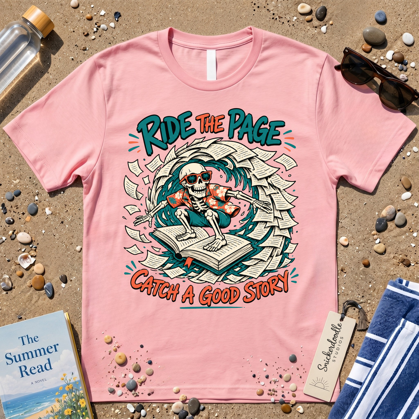 Catch a Good Story Surfing Skeleton Booklover Graphic T-Shirt