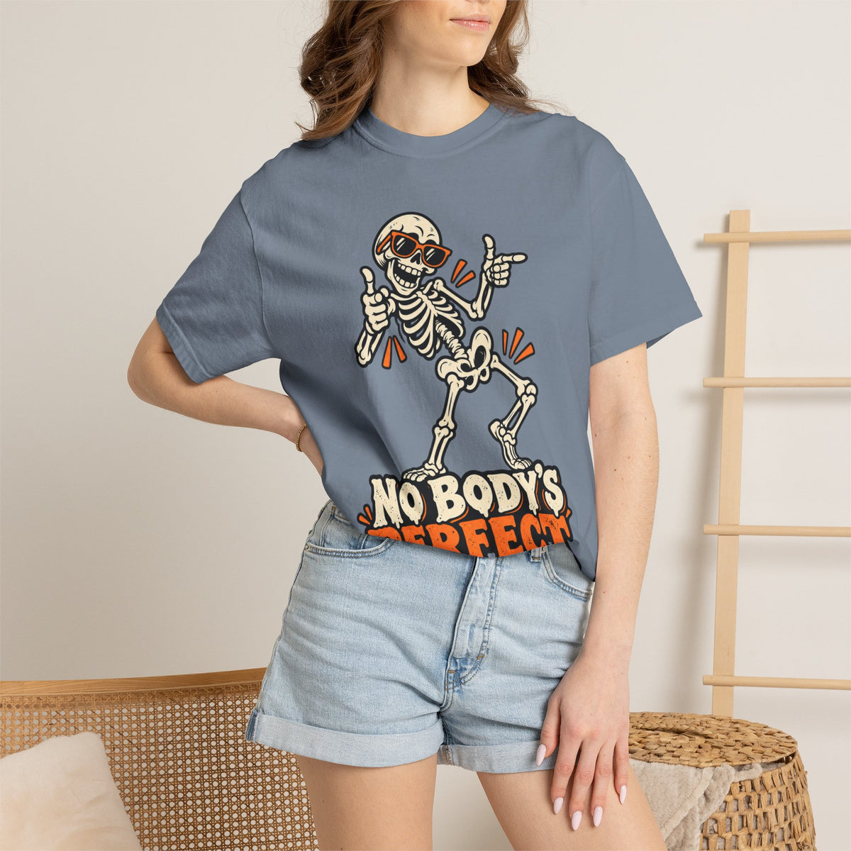 Skeleton "No Body's Perfect" Halloween Graphic T-Shirt