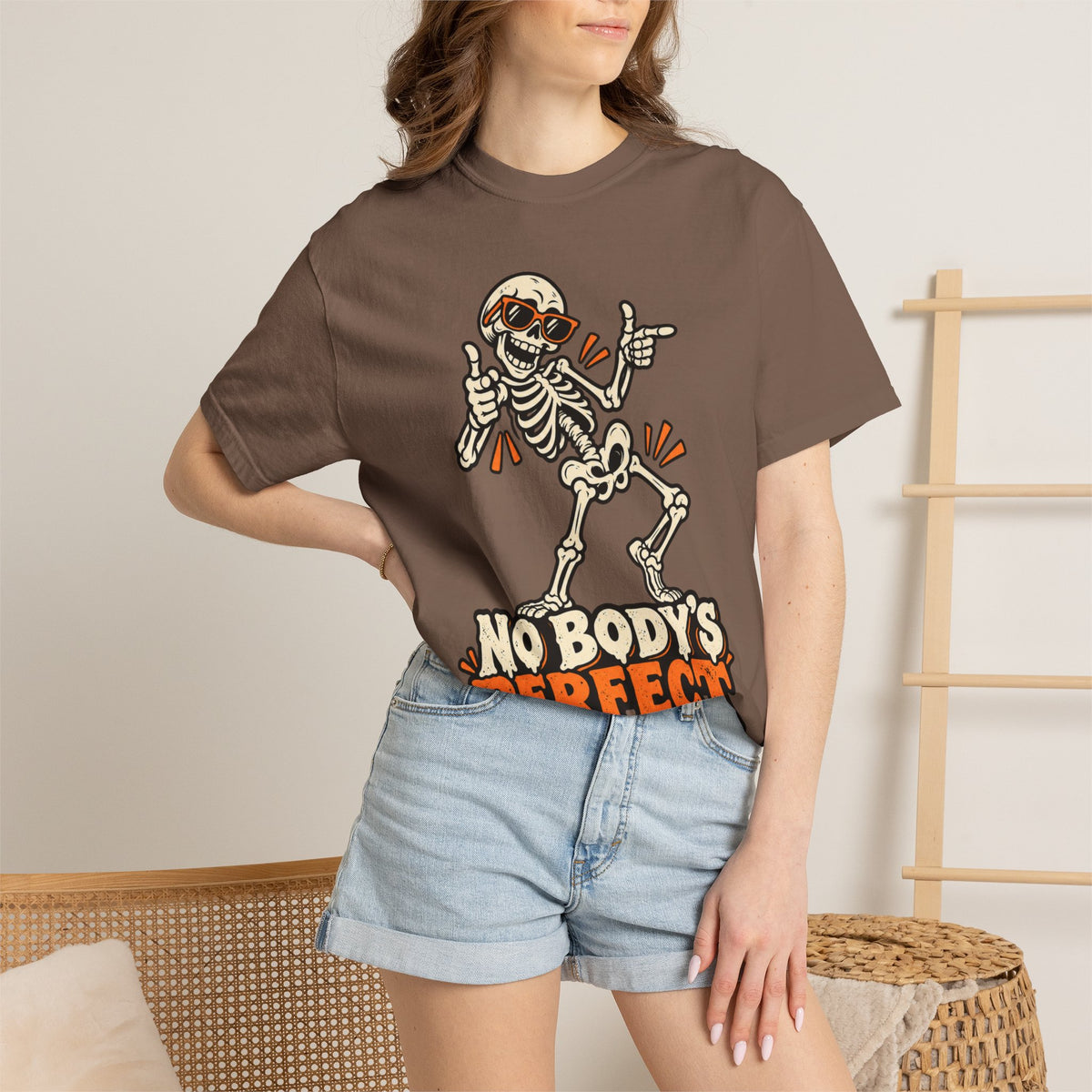 Skeleton "No Body's Perfect" Halloween Graphic T-Shirt