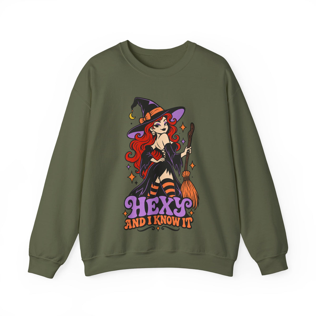 "Hexy and I Know It" Retro Pinup Witch Halloween Crewneck Sweatshirt