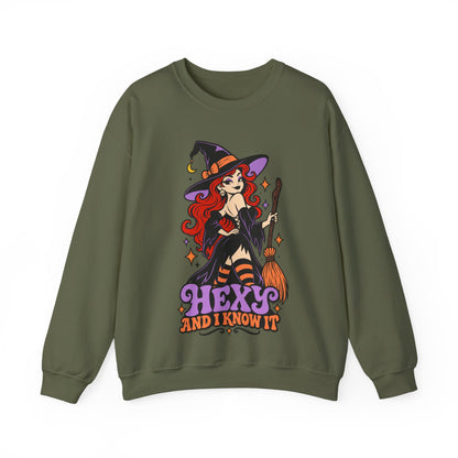 "Hexy and I Know It" Retro Pinup Witch Halloween Crewneck Sweatshirt