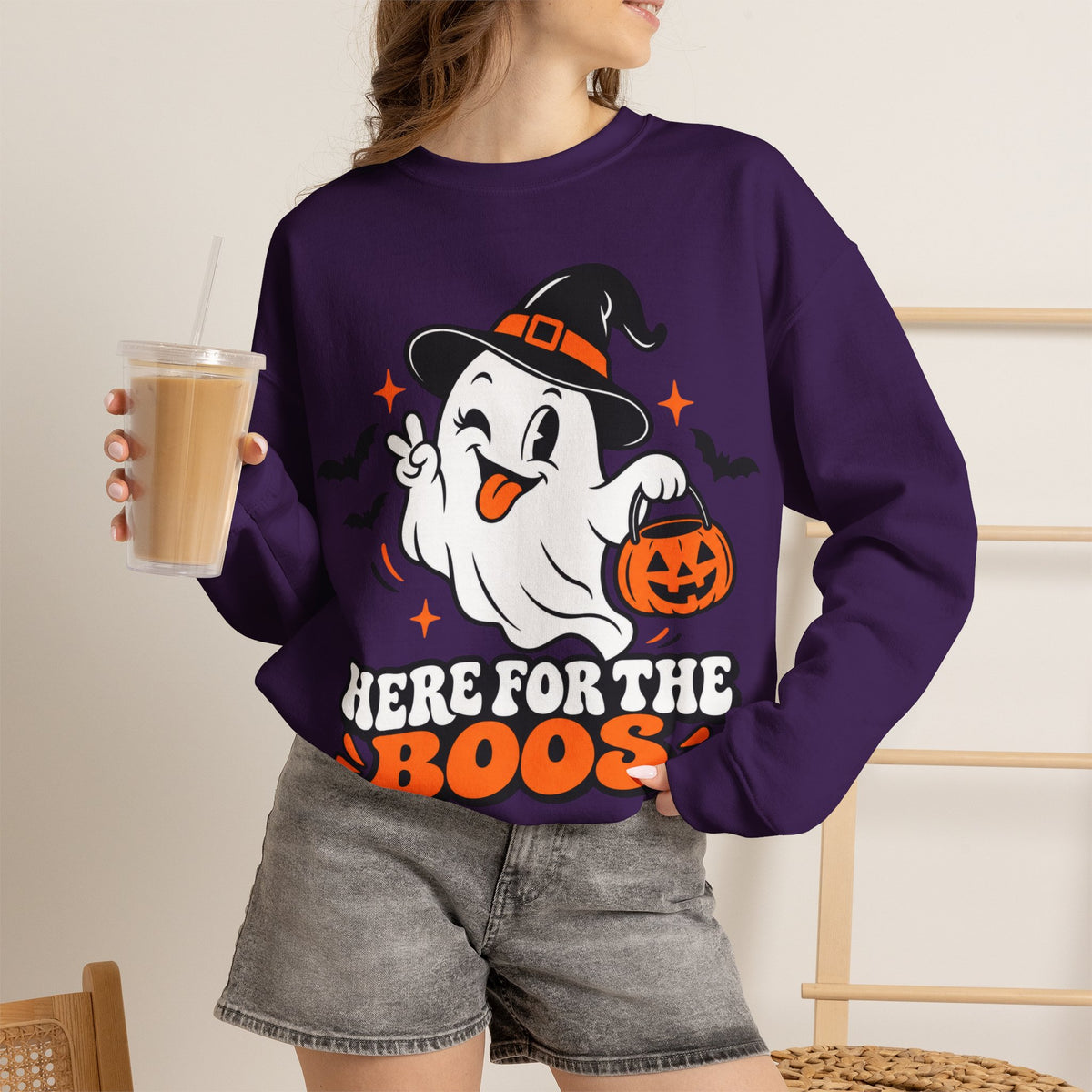 "Here For The Boos" Cute Ghost Halloween Crewneck Sweatshirt
