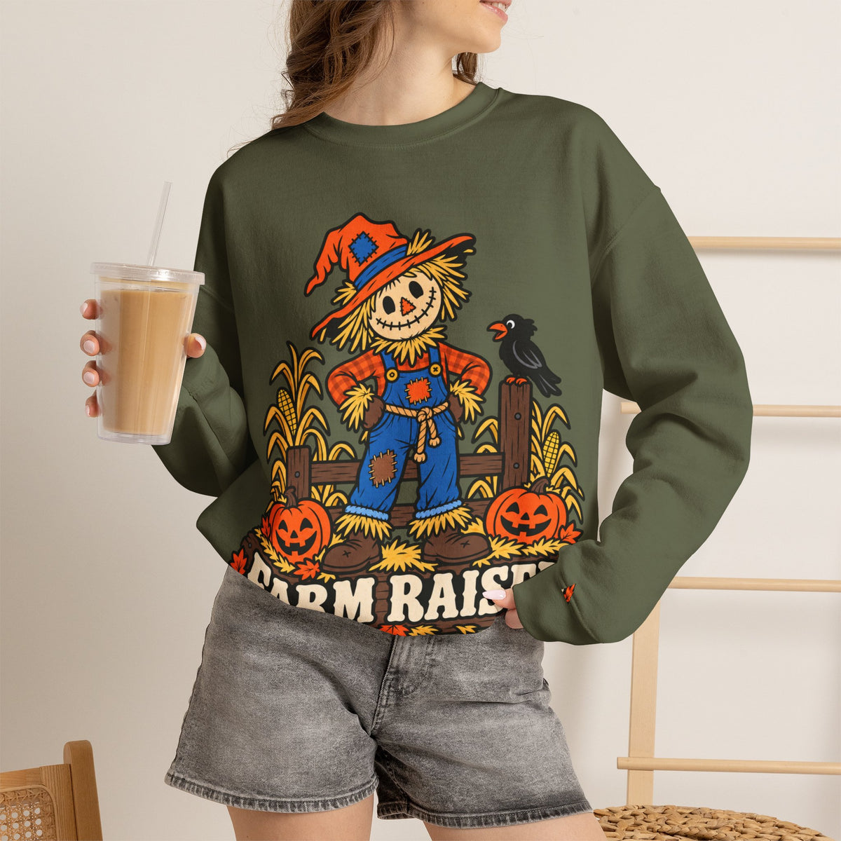 Farm Raised Scarecrow Sweatshirt — Cute Halloween Pumpkin Patch Crewneck