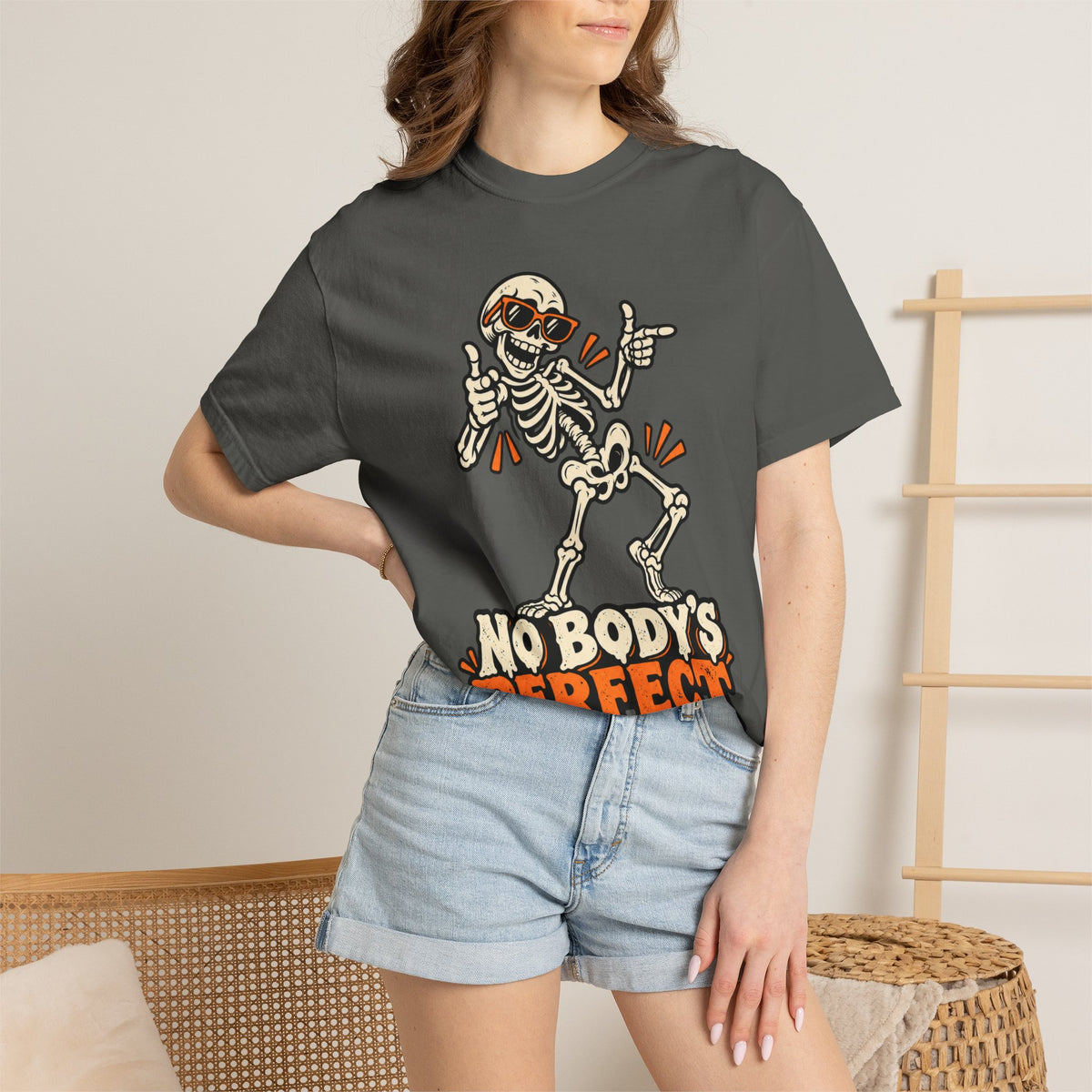 Skeleton "No Body's Perfect" Halloween Graphic T-Shirt