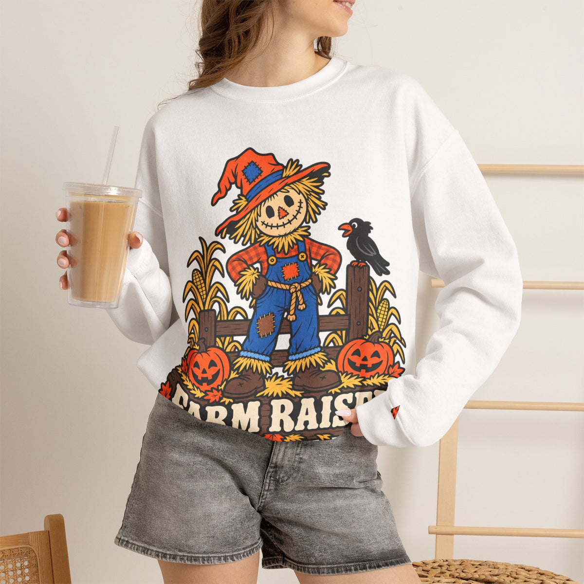Farm Raised Scarecrow Sweatshirt — Cute Halloween Pumpkin Patch Crewneck