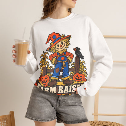 Farm Raised Scarecrow Sweatshirt — Cute Halloween Pumpkin Patch Crewneck