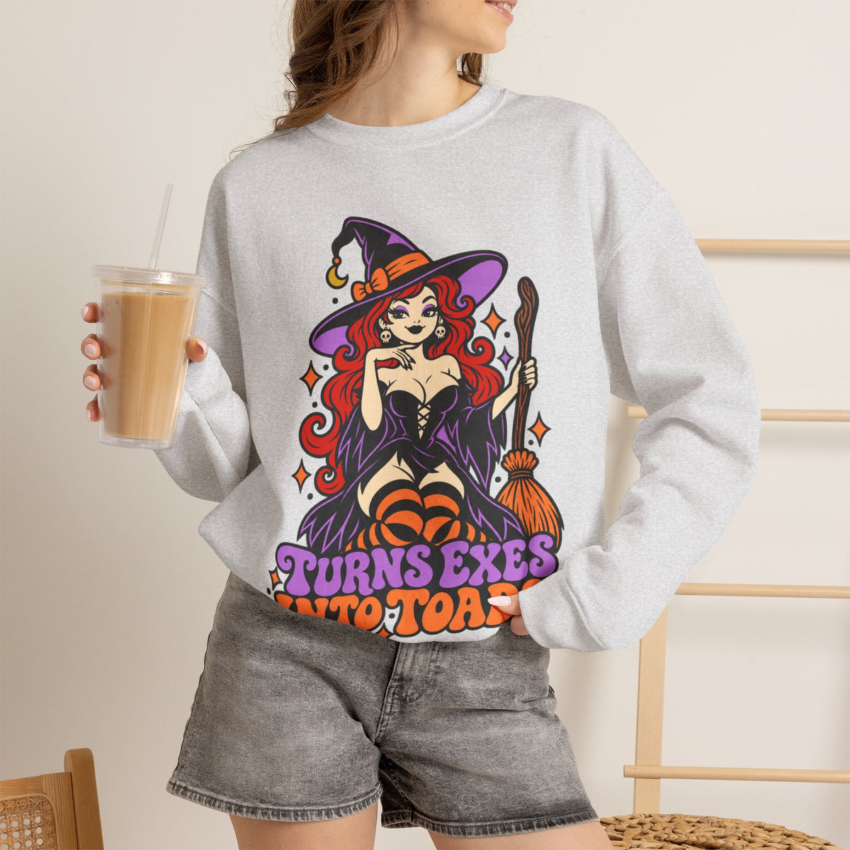 Witchy Crewneck Sweatshirt — "Turns Exes Into Toads" Halloween Graphic