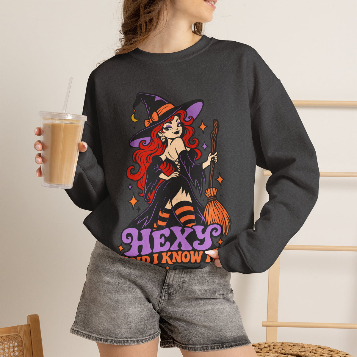 "Hexy and I Know It" Retro Pinup Witch Halloween Crewneck Sweatshirt