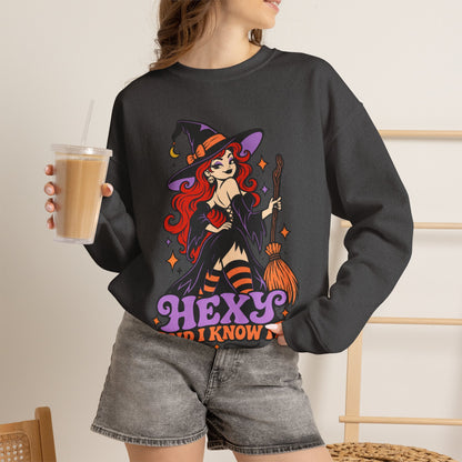 "Hexy and I Know It" Retro Pinup Witch Halloween Crewneck Sweatshirt