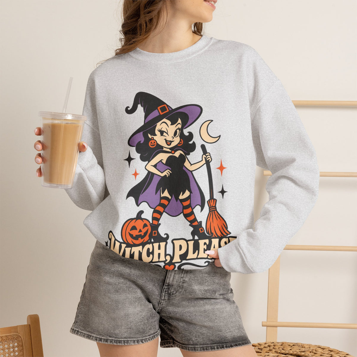 Witch, Please Cute Retro Witch Halloween Crewneck Sweatshirt