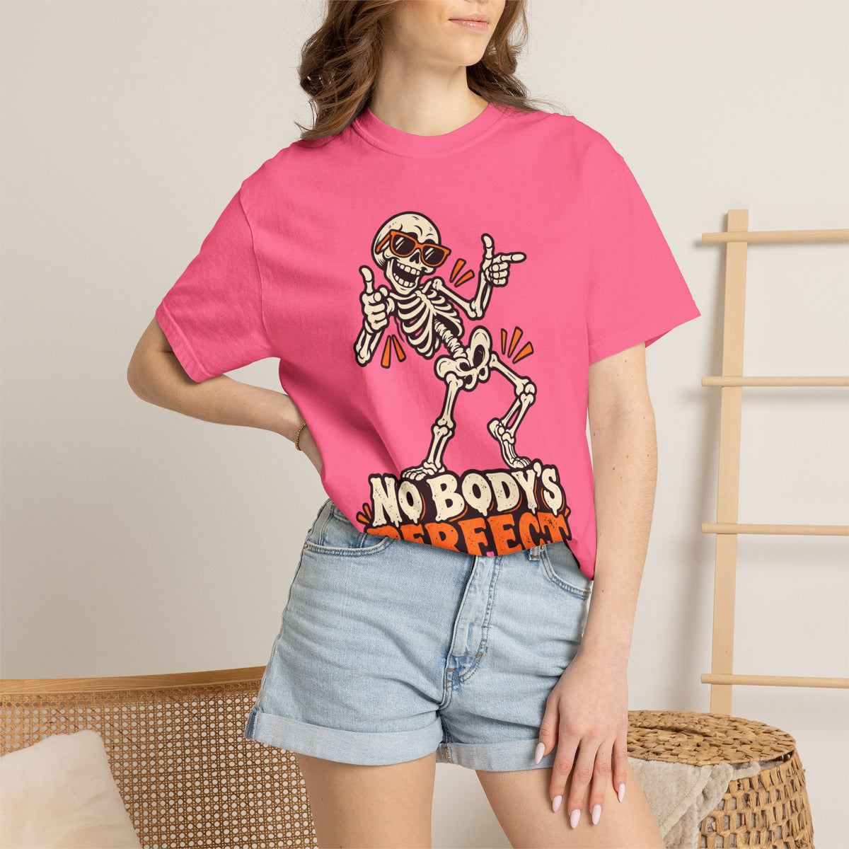 Skeleton "No Body's Perfect" Halloween Graphic T-Shirt