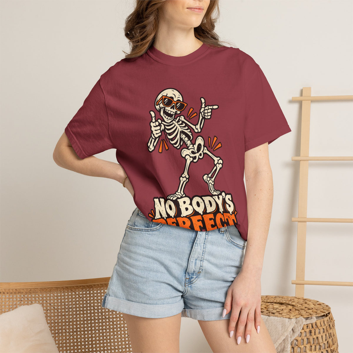 Skeleton "No Body's Perfect" Halloween Graphic T-Shirt