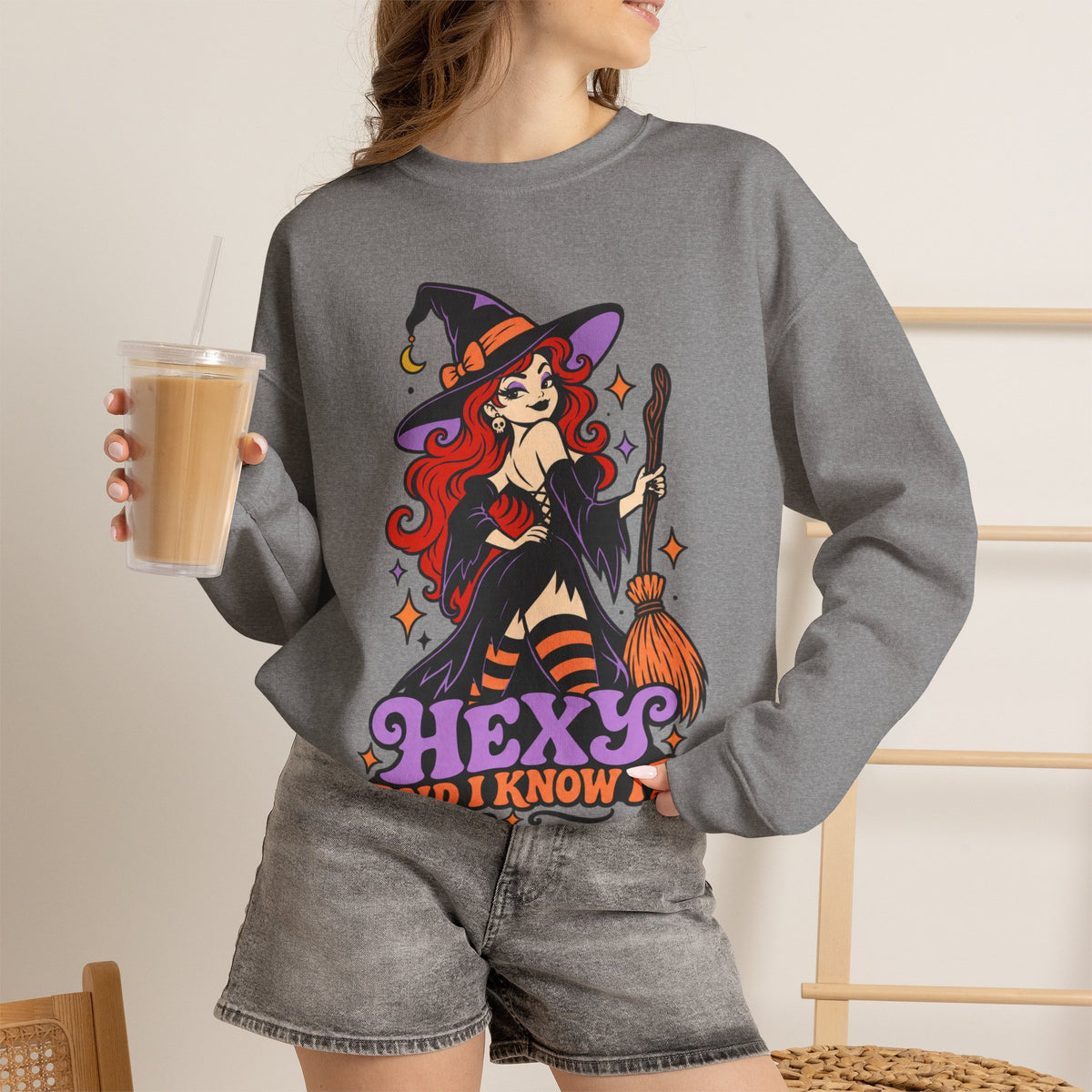 "Hexy and I Know It" Retro Pinup Witch Halloween Crewneck Sweatshirt