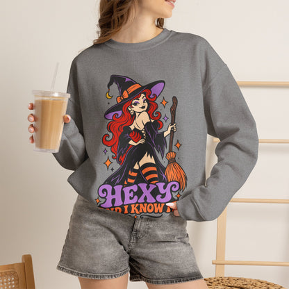 "Hexy and I Know It" Retro Pinup Witch Halloween Crewneck Sweatshirt