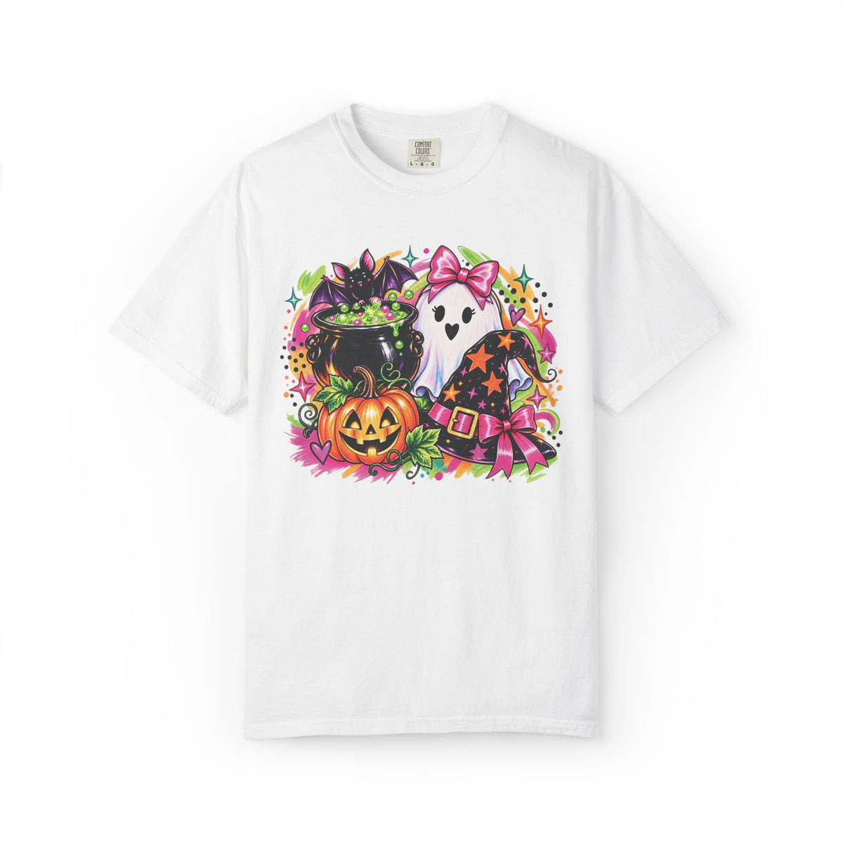 Cute Halloween Ghost, Pumpkin, Witch Hat & Cauldron Graphic T-Shirt