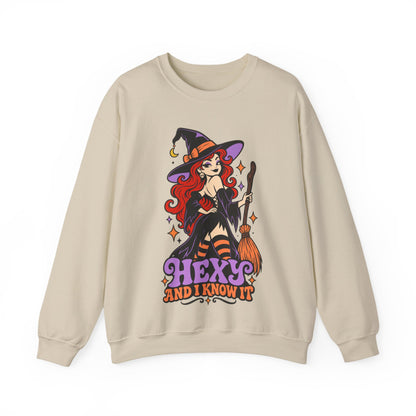 "Hexy and I Know It" Retro Pinup Witch Halloween Crewneck Sweatshirt
