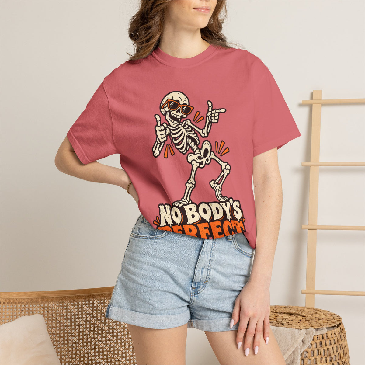 Skeleton "No Body's Perfect" Halloween Graphic T-Shirt