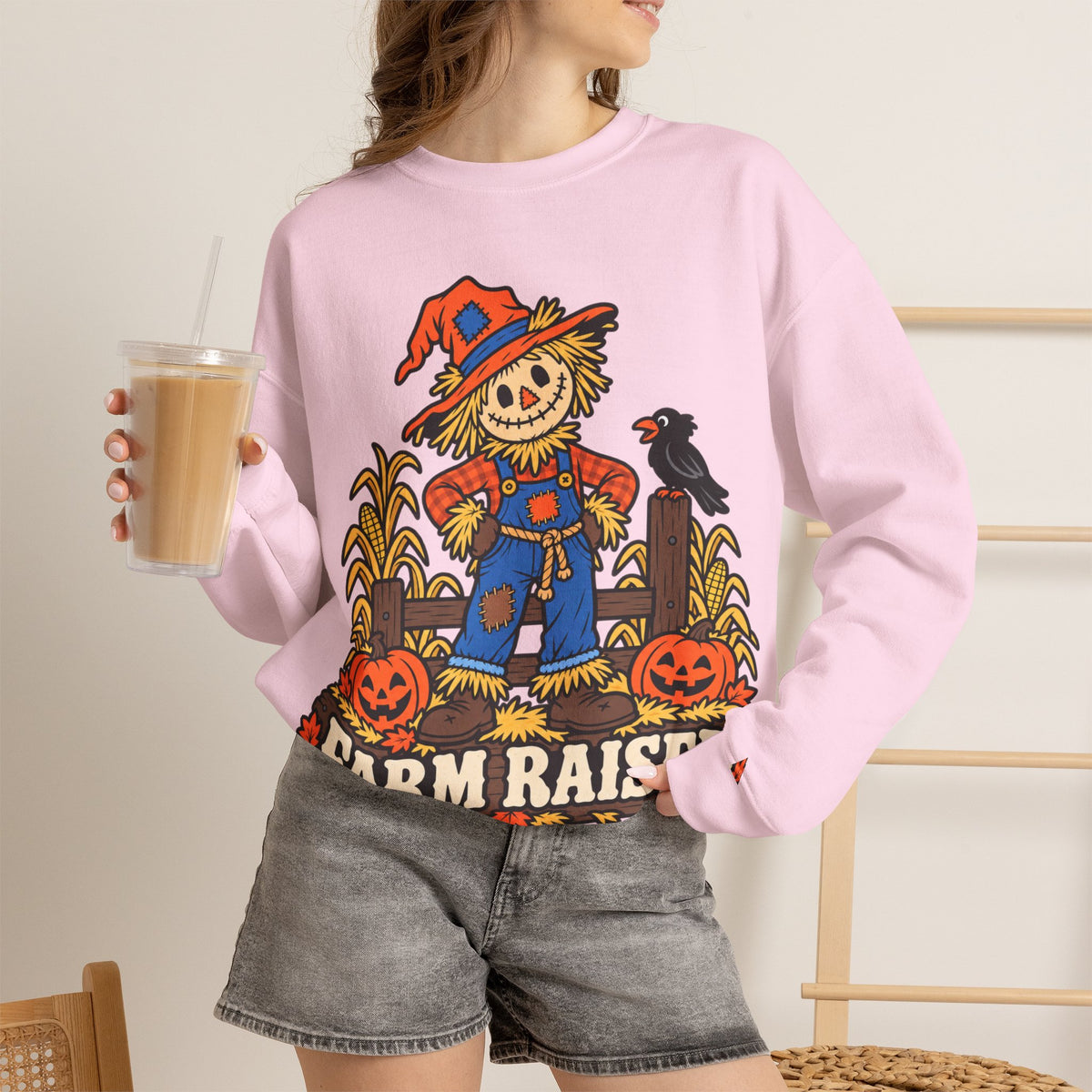 Farm Raised Scarecrow Sweatshirt — Cute Halloween Pumpkin Patch Crewneck