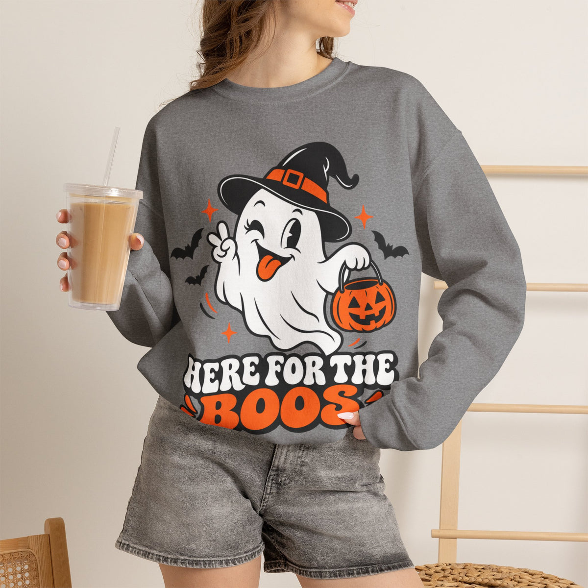 "Here For The Boos" Cute Ghost Halloween Crewneck Sweatshirt
