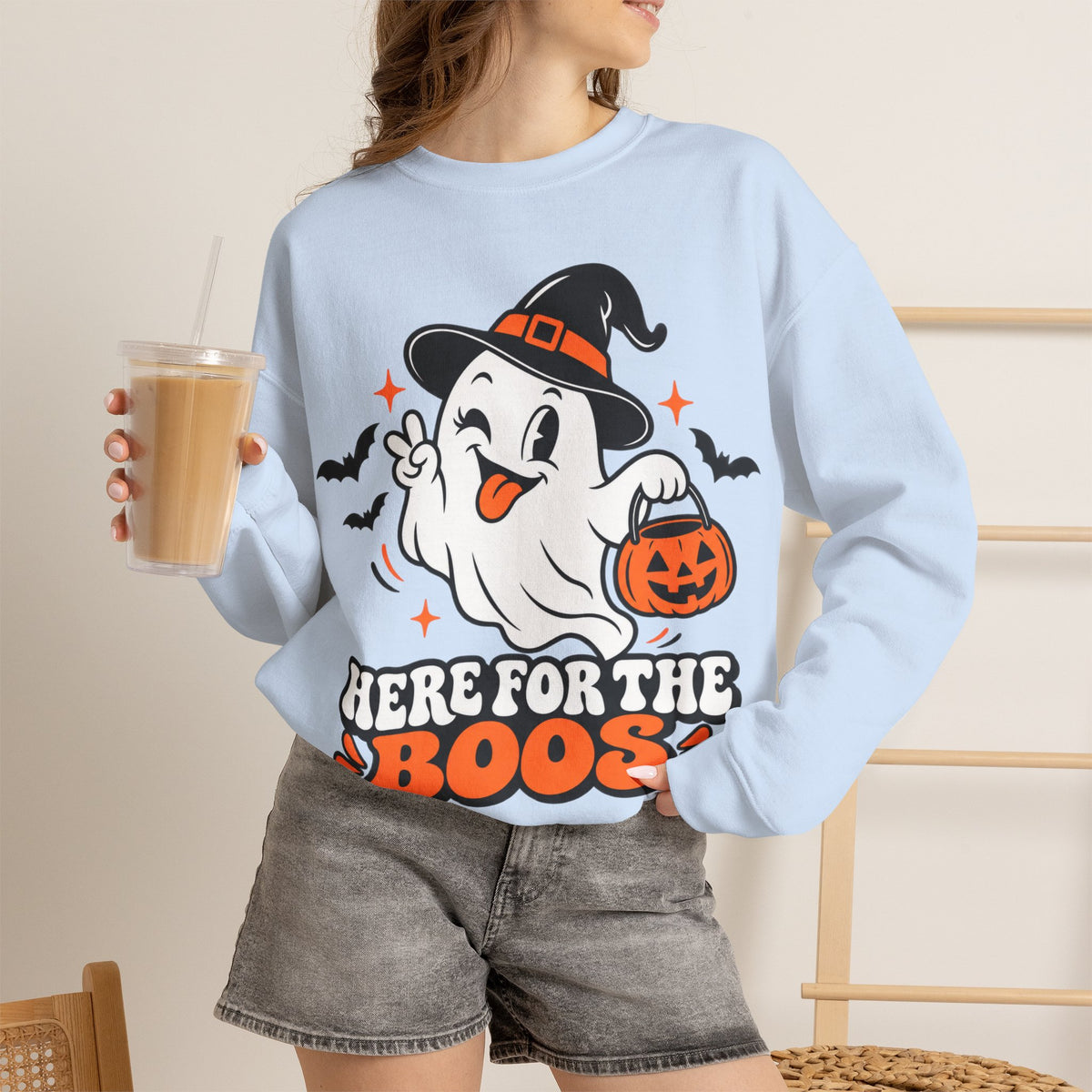 "Here For The Boos" Cute Ghost Halloween Crewneck Sweatshirt