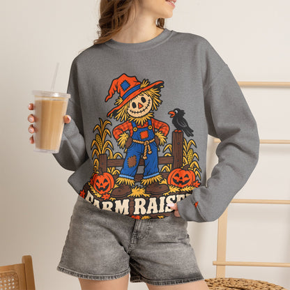 Farm Raised Scarecrow Sweatshirt — Cute Halloween Pumpkin Patch Crewneck
