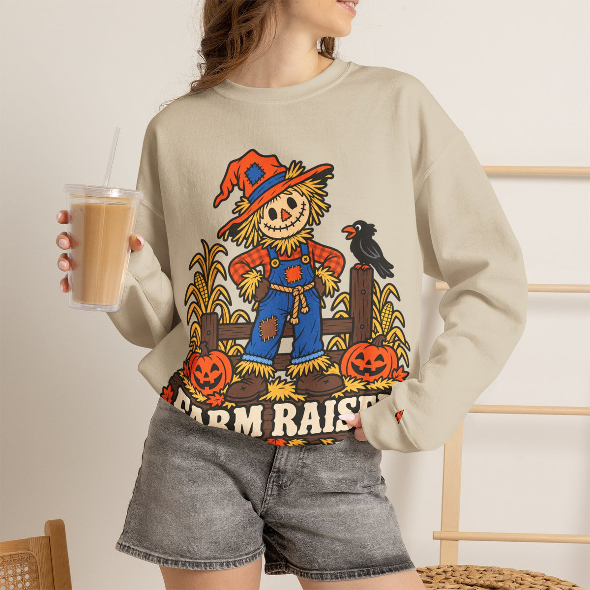 Farm Raised Scarecrow Sweatshirt — Cute Halloween Pumpkin Patch Crewneck