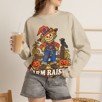 Farm Raised Scarecrow Sweatshirt — Cute Halloween Pumpkin Patch Crewneck