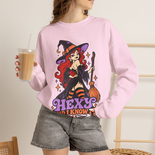 "Hexy and I Know It" Retro Pinup Witch Halloween Crewneck Sweatshirt