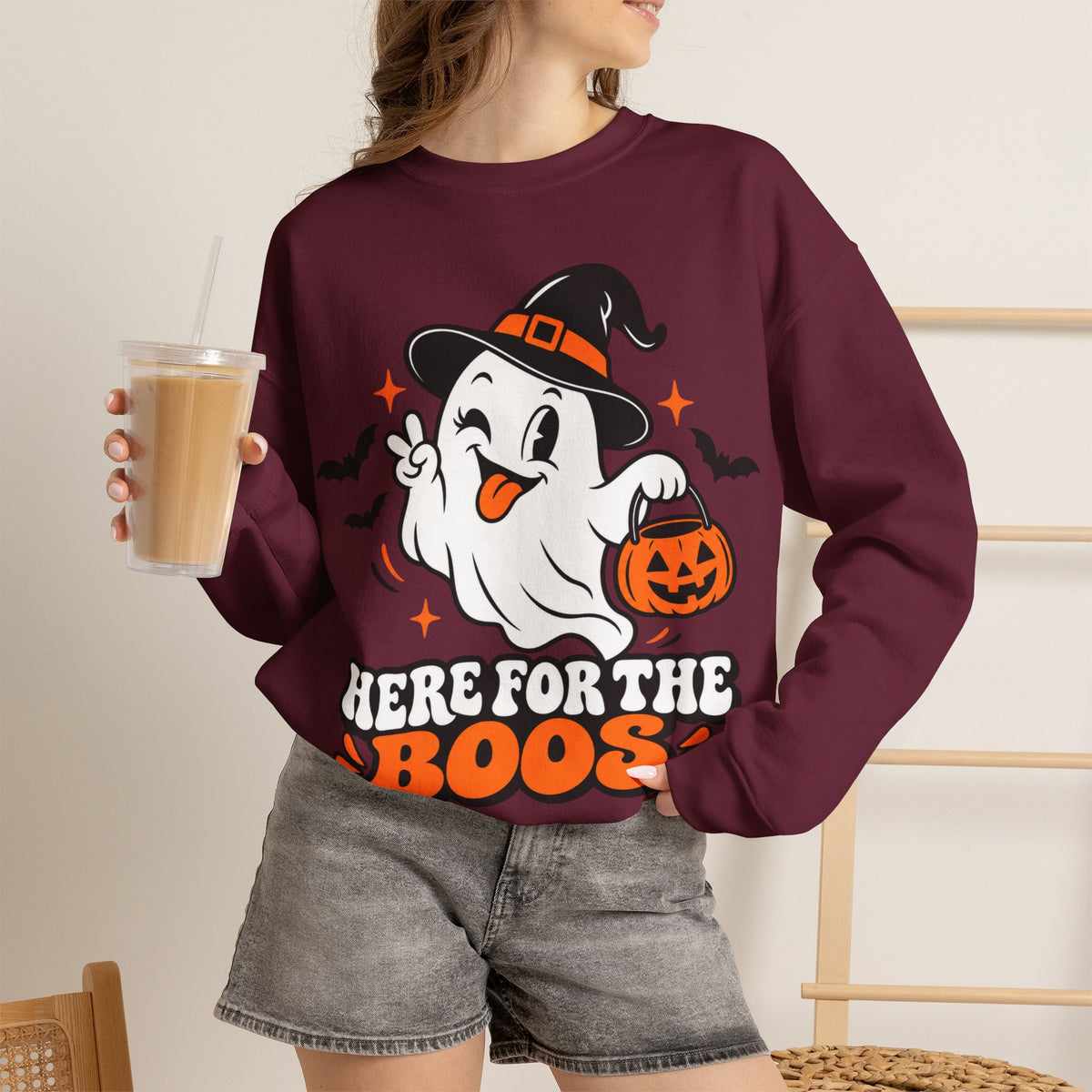"Here For The Boos" Cute Ghost Halloween Crewneck Sweatshirt