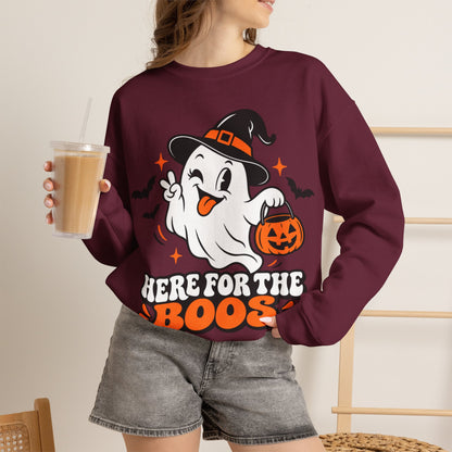 "Here For The Boos" Cute Ghost Halloween Crewneck Sweatshirt
