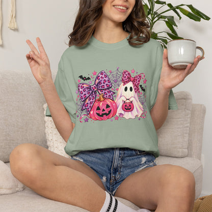 Pink Halloween Ghost & Pumpkin Graphic T-Shirt