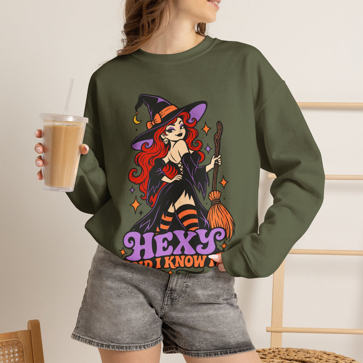 "Hexy and I Know It" Retro Pinup Witch Halloween Crewneck Sweatshirt