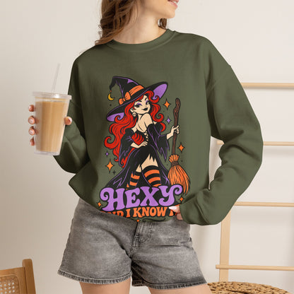 "Hexy and I Know It" Retro Pinup Witch Halloween Crewneck Sweatshirt