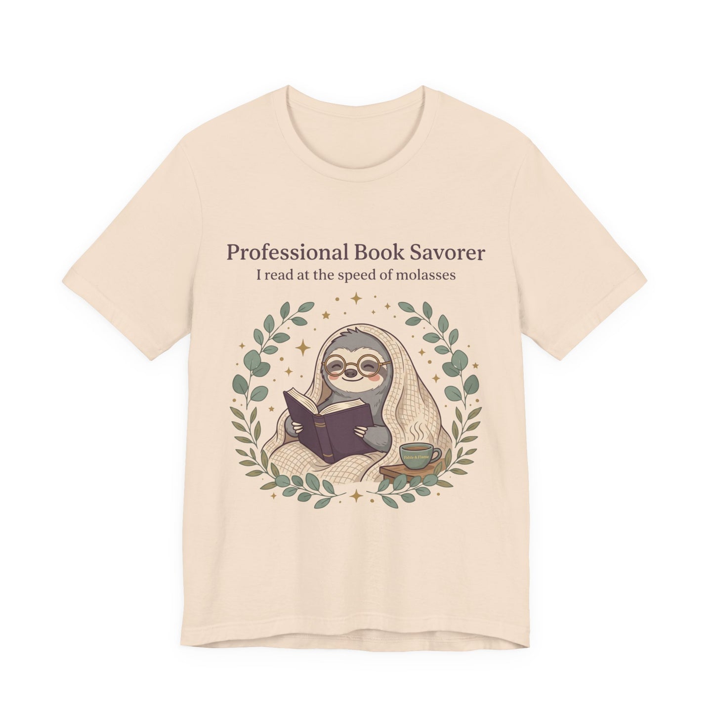 Book Lover Sloth T‑Shirt — "Professional Book Savorer: I read at the speed of molasses"