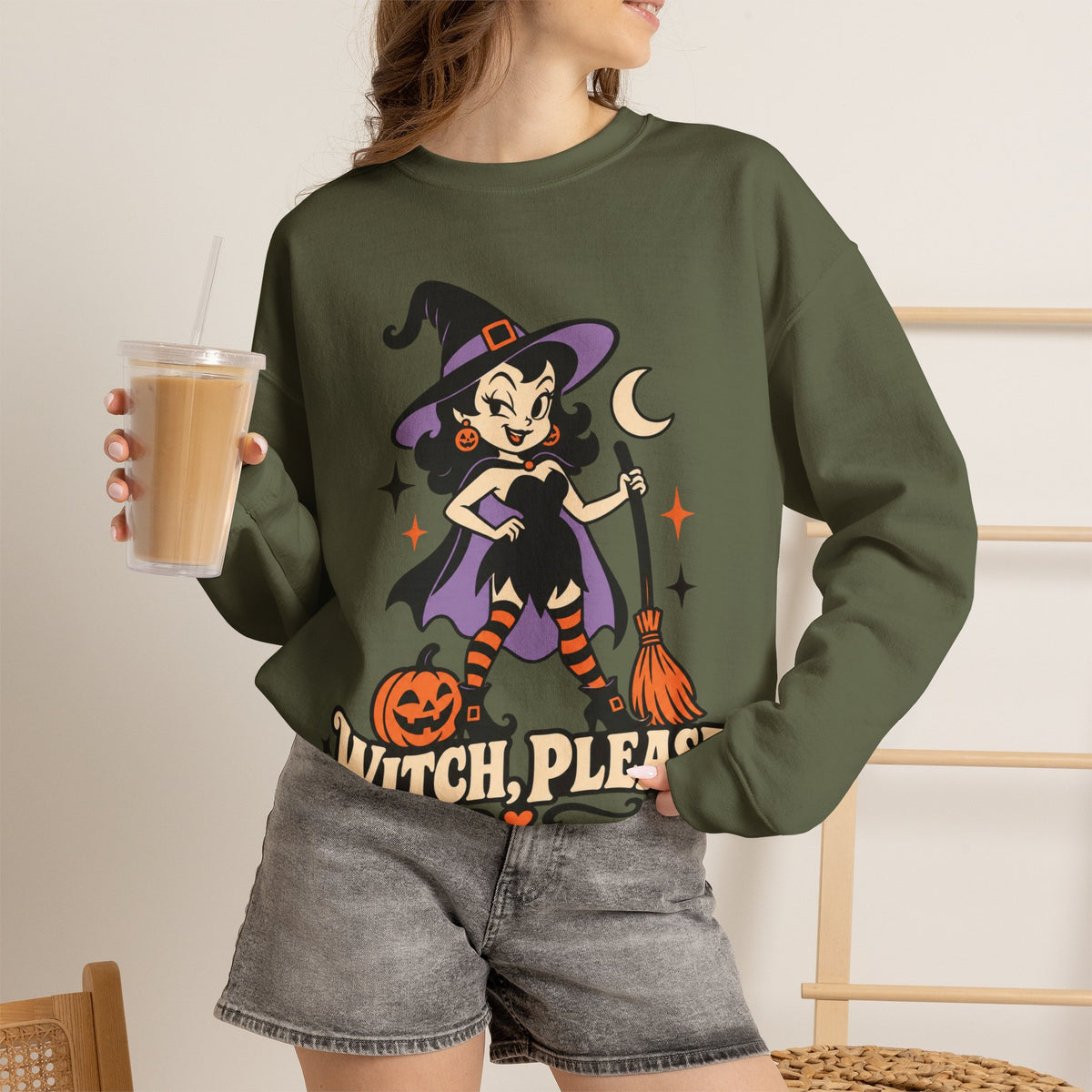 Witch, Please Cute Retro Witch Halloween Crewneck Sweatshirt