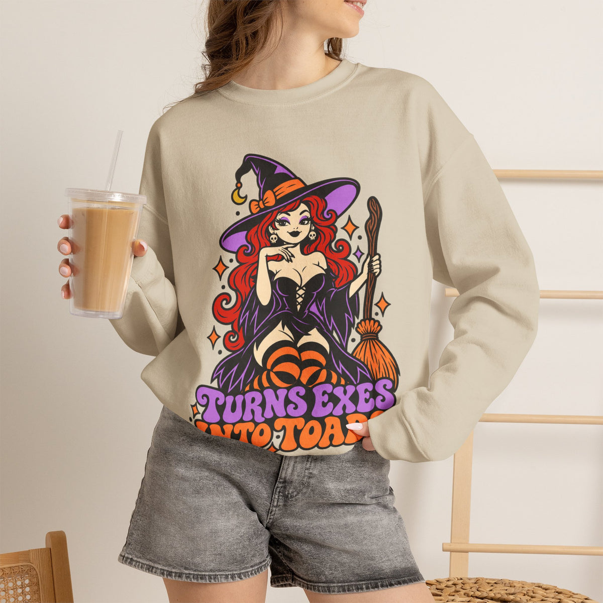 Witchy Crewneck Sweatshirt — "Turns Exes Into Toads" Halloween Graphic