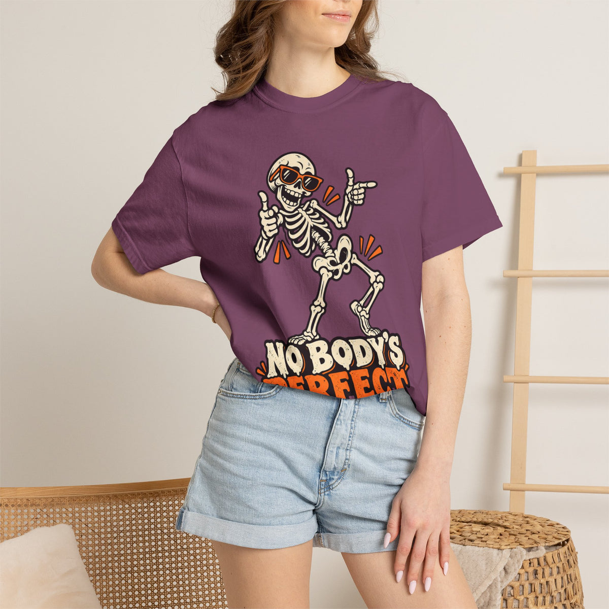 Skeleton "No Body's Perfect" Halloween Graphic T-Shirt