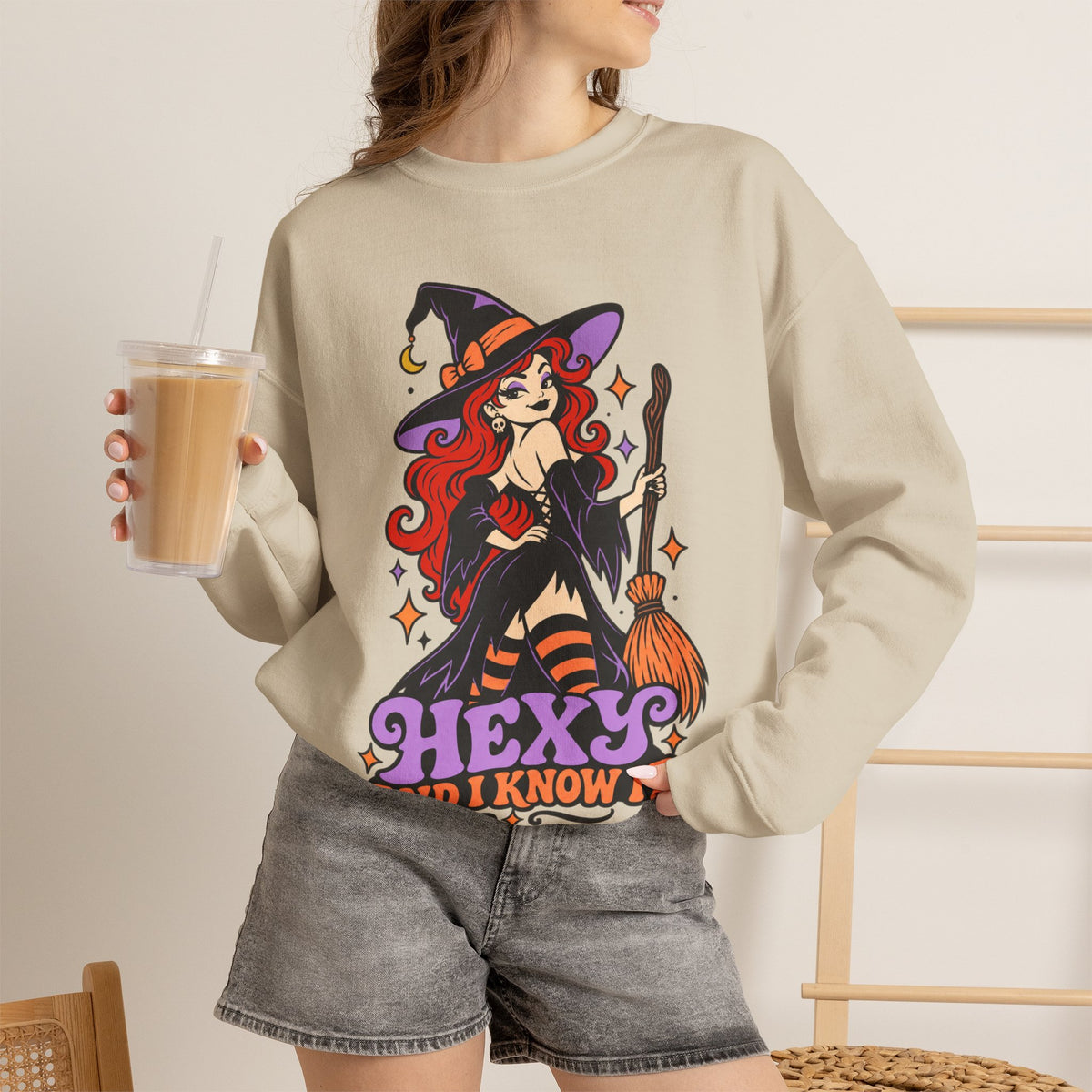 "Hexy and I Know It" Retro Pinup Witch Halloween Crewneck Sweatshirt