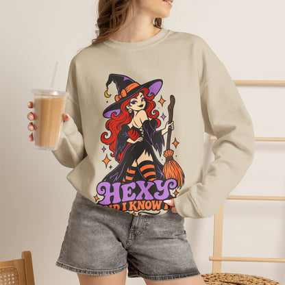 "Hexy and I Know It" Retro Pinup Witch Halloween Crewneck Sweatshirt