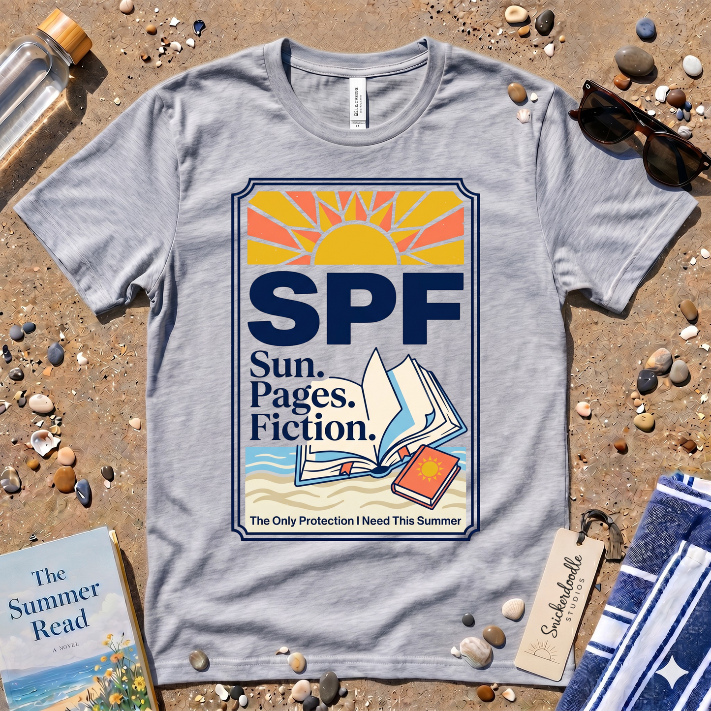 SPF: Sun, Pages, Fiction Stamp Style Graphic T‑Shirt