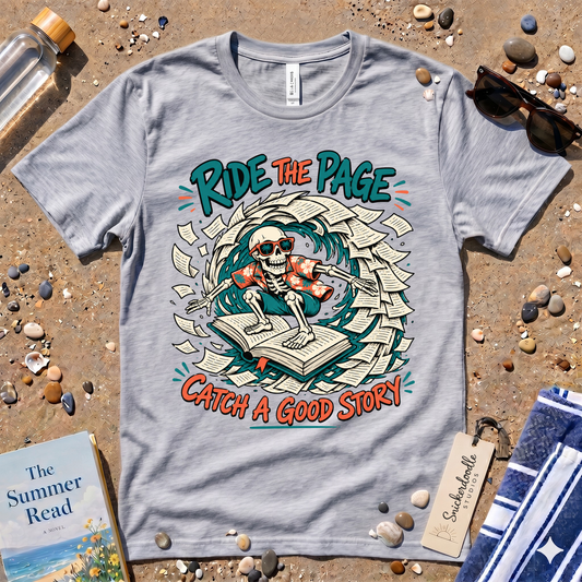 Catch a Good Story Surfing Skeleton Booklover Graphic T-Shirt
