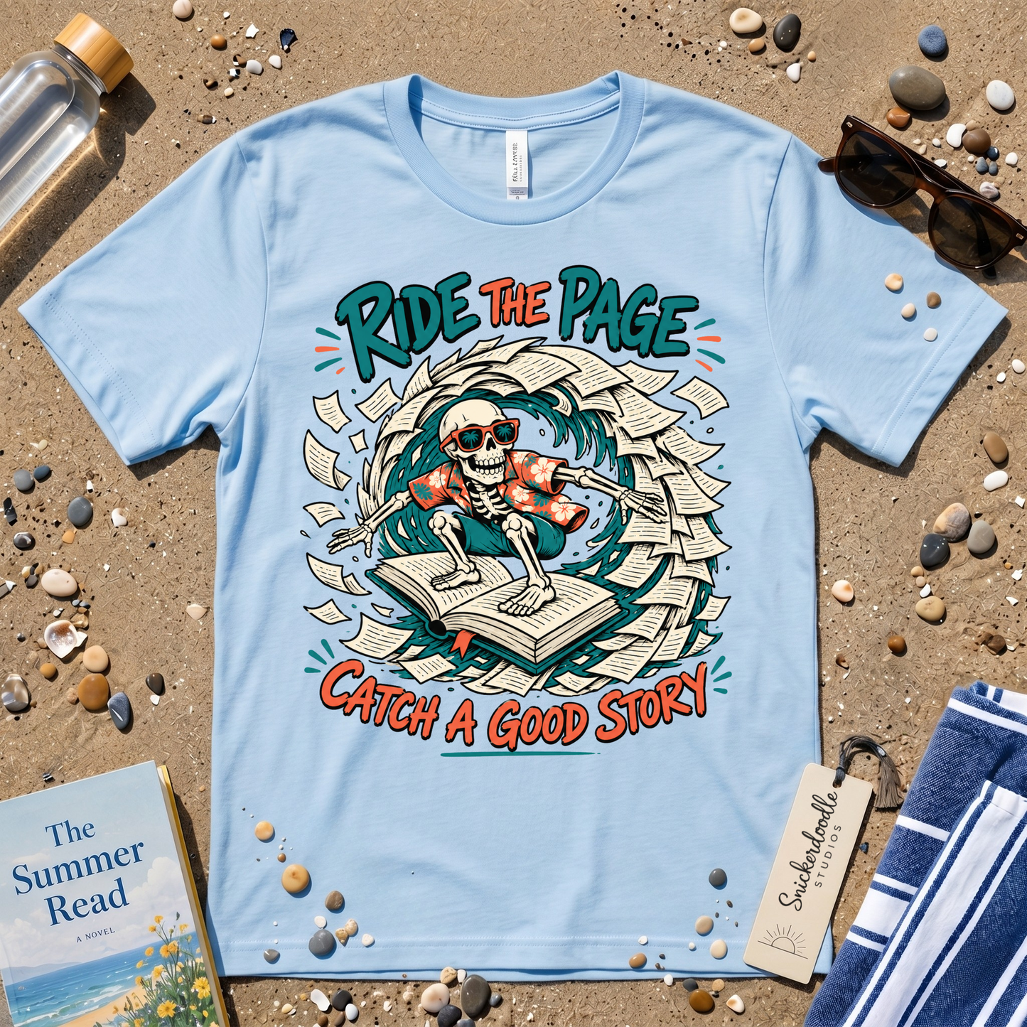 Catch a Good Story Surfing Skeleton Booklover Graphic T-Shirt