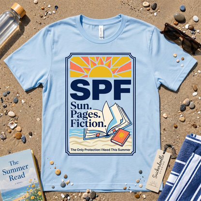 SPF: Sun, Pages, Fiction Stamp Style Graphic T‑Shirt