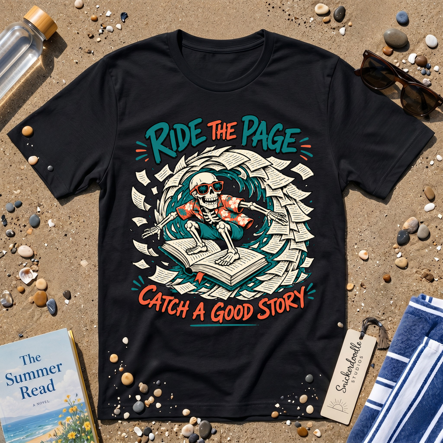 Catch a Good Story Surfing Skeleton Booklover Graphic T-Shirt