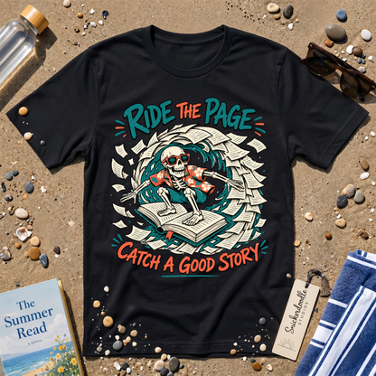 Catch a Good Story Surfing Skeleton Booklover Graphic T-Shirt