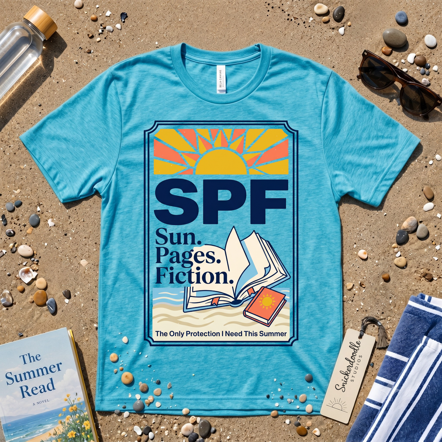 SPF: Sun, Pages, Fiction Stamp Style Graphic T‑Shirt