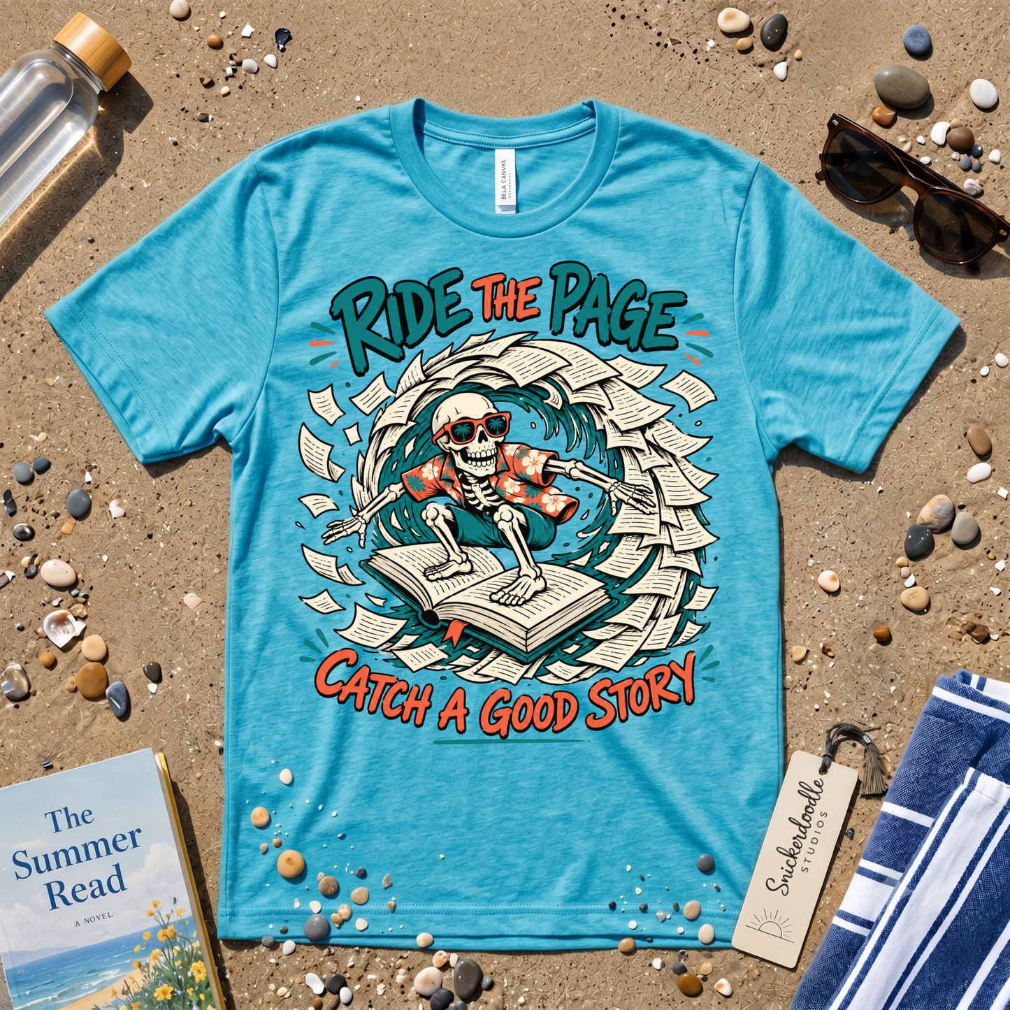 Catch a Good Story Surfing Skeleton Booklover Graphic T-Shirt